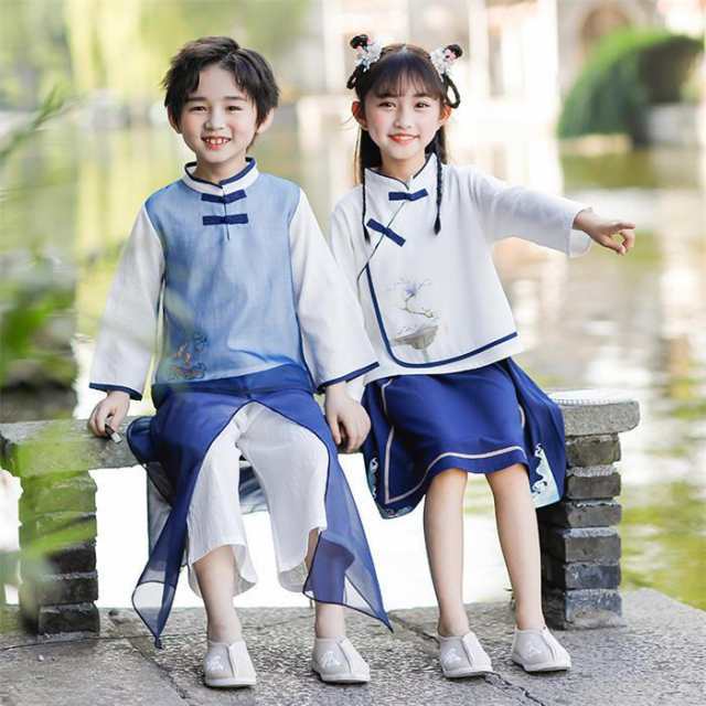 商品名：中華服 チャイナドレス 女の子 男の子 2点セット セットアップ 長袖 上下セット チャイナ服 トップス スカート パンツ ジュニア 子供 可愛い お洒落 民国風 演出服 唐服漢服 古典 写真