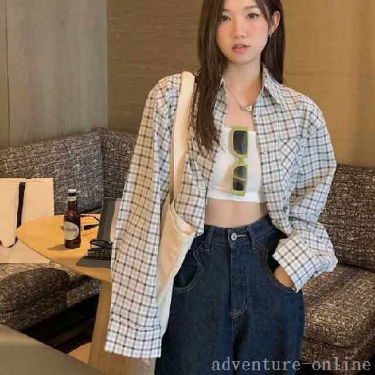 トップス レディース シャツ ブラウス ショート ショート丈 長袖 襟付き レギュラーカラー ロングスリーブ チェック柄 ベーシック トレンド フロントボタン 前開き ポケット ゆったり オーバーサイ