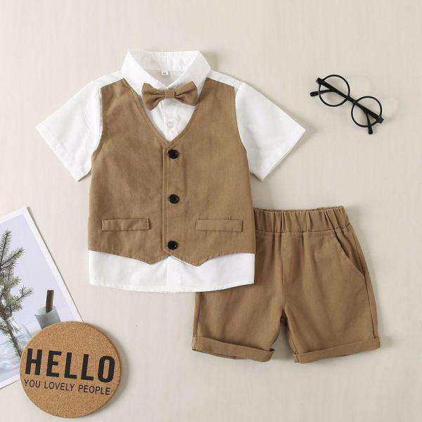 ◆素材：ポリエステル セット内容： 3点セット（ワイシャツ ズボン 蝶ネクタイ） 子供服 ベビー シャツ ベスト フォーマル 男の子 スーツ baby 紳士風 半袖 赤ちゃん キッズ 誕生日 お宮参り