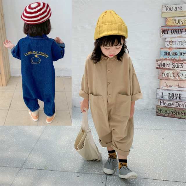 カバーオール 繋ぎ オーバーオール 長袖 ゆったり 韓国風子供服 子供服 デニム ロゴ デニム ベージュ プリント 女の子 キッズ ベビー サロペット オールインワン 秋 春 80cm 90cm 10
