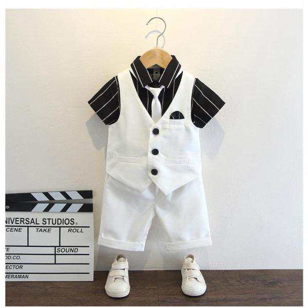 子供服 ベビー スーツ シャツ フォーマル 男の子 スーツ baby 紳士風 長袖 赤ちゃん キッズ 誕生日 お宮参り 結婚式 かっこいい セットアップ 素材：綿、ボリエステル 3点セット (ワイシャ